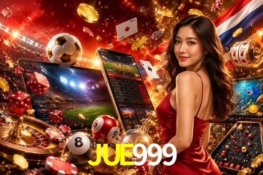 Una escena digital vívida inspirada en casino con JUE999 mostrado prominentemente, luces brillantes, fichas, cartas y acentos dorados.