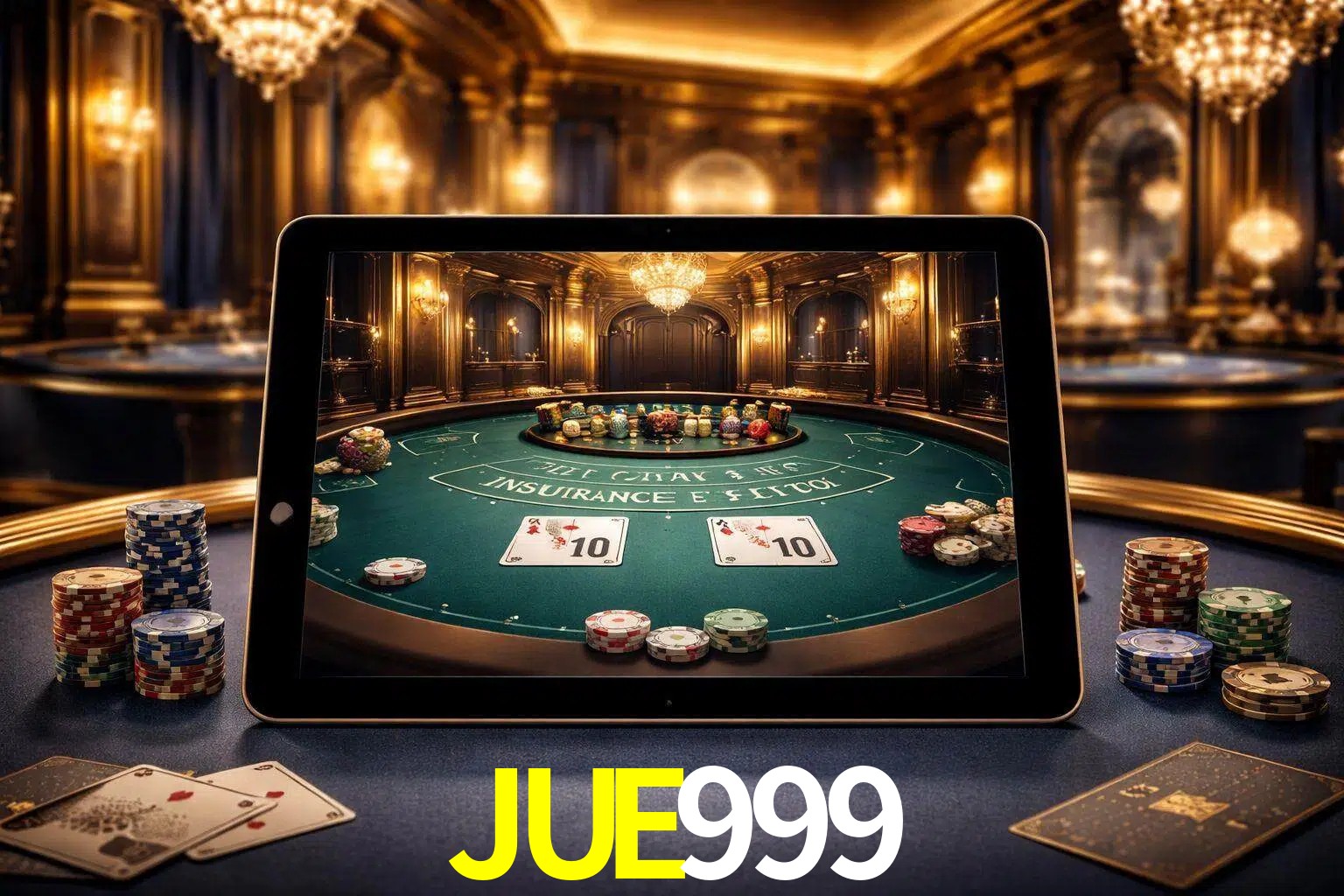 Configuración moderna de casino en vivo con una tableta mostrando una mesa de blackjack, luces cálidas de estudio y una atmósfera elegante de juegos digitales.